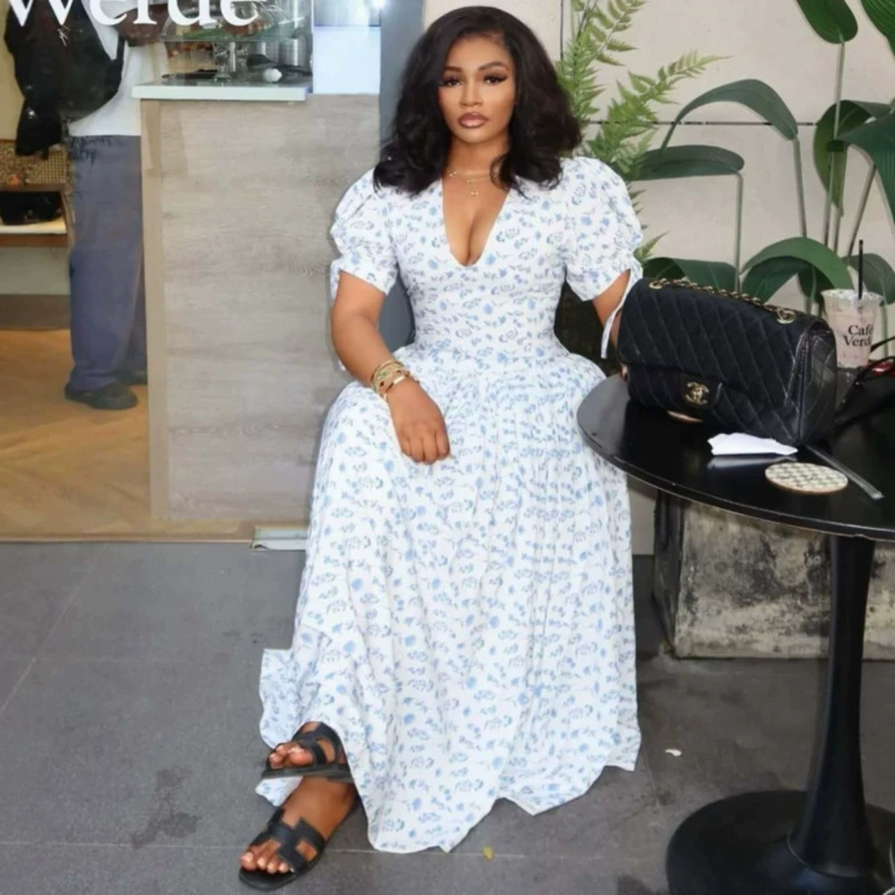 African Fashion Floral Lantern Sleeve Bodycon Swing Dress Elegant